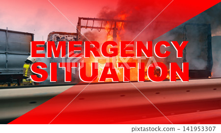Emergency situation on the highway with a burning vehicle during a major traffic incident 141953307