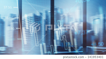 Trading chart displays stock market data with a city view in the background capturing the busy financial activity of the day Trading chart displays stock market data with a city view in the background capturing the busy financial activity of the day 141953401