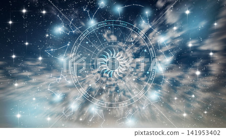 Astrology zodiac signs displayed in a bright night sky with stars and cosmic elements Astrology zodiac signs displayed in a bright night sky with stars and cosmic elements 141953402