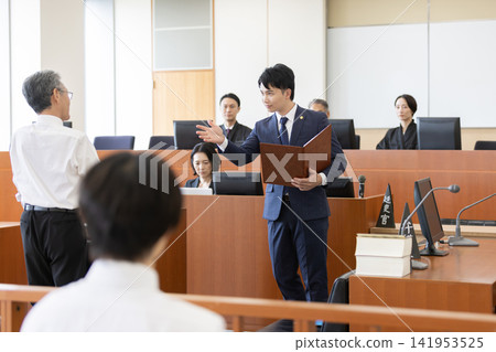 A young lawyer and a witness conducting a witness examination in court. A young lawyer and a witness conducting a witness examination in court. 141953525