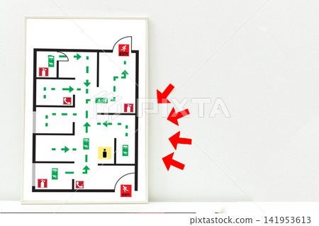 Emergency evacuation plan for a building with marked exits and routes Emergency evacuation plan for a building with marked exits and routes 141953613