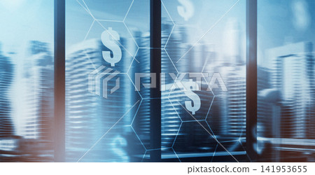 Business chart showing stock exchange trading with city buildings in the background during daytime Business chart showing stock exchange trading with city buildings in the background during daytime 141953655