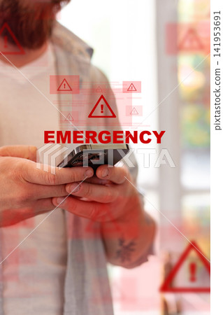 Emergency responder uses phone for urgent tasks in a busy office environment Emergency responder uses phone for urgent tasks in a busy office environment 141953691