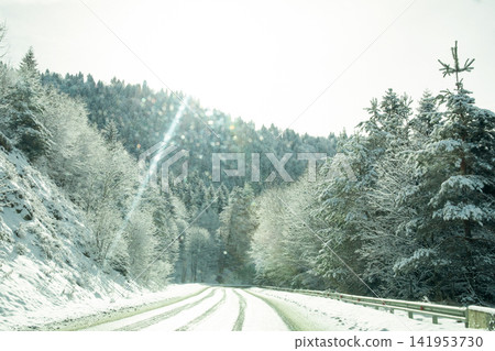 Winter. Winter road surrounded by snow-covered trees in a tranquil forest Winter. Winter road surrounded by snow-covered trees in a tranquil forest 141953730