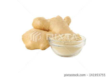 Ginger root sits next to ground ginger in a bowl, isolated, PNG Ginger root sits next to ground ginger in a bowl, isolated, PNG 141953755