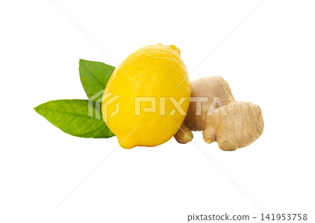 Lemon and ginger root with green leaves nearby, isolated, PNG Lemon and ginger root with green leaves nearby, isolated, PNG 141953758