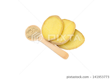 Ginger slices and powder rest by a spoon, isolated, PNG Ginger slices and powder rest by a spoon, isolated, PNG 141953773