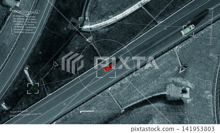 Surveillance camera views a red car on a highway at night with data overlays Surveillance camera views a red car on a highway at night with data overlays 141953803