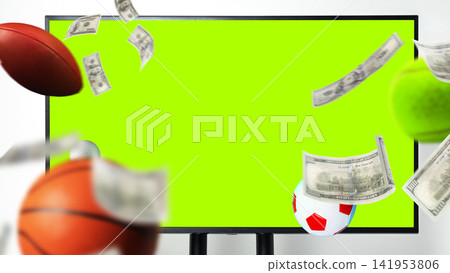 Sport betting with money and sports balls on green screen in background Sport betting with money and sports balls on green screen in background 141953806