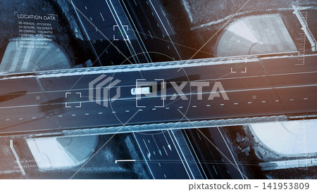 Surveillance view of a car on a road with multiple data tracking points in the background Surveillance view of a car on a road with multiple data tracking points in the background 141953809