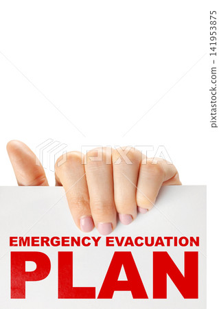 Hand holding a sign with emergency evacuation plan details for safety in public location Hand holding a sign with emergency evacuation plan details for safety in public location 141953875