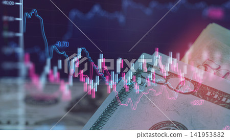 Business chart shows stock exchange trading patterns during market hours with dollar bills in the foreground Business chart shows stock exchange trading patterns during market hours with dollar bills in the foreground 141953882