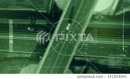 Surveillance camera tracking vehicle movements on busy highway with location data display Surveillance camera tracking vehicle movements on busy highway with location data display 141954041