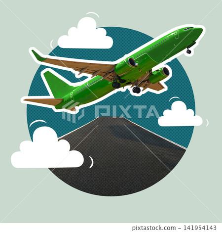 Traveling by airplane during a bright day as the plane takes off from the runway with clouds in the sky Traveling by airplane during a bright day as the plane takes off from the runway with clouds in the sky 141954143