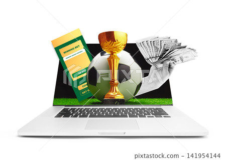 Sports betting scene with laptop, soccer ball, trophy, and cash Sports betting scene with laptop, soccer ball, trophy, and cash 141954144