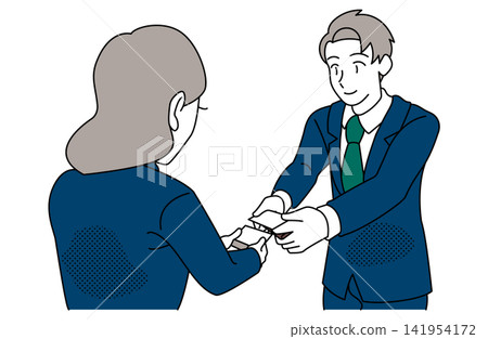 An illustration of a business scene where a man hands a business card to a woman. An illustration of a business scene where a man hands a business card to a woman. 141954172