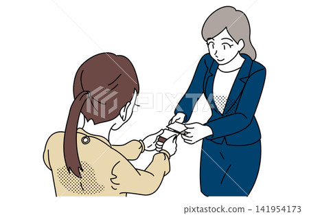 An illustration depicting a business scene where two women exchange business cards. An illustration depicting a business scene where two women exchange business cards. 141954173