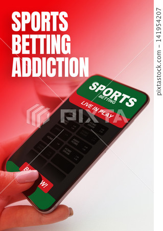 Sports betting addiction represented on a mobile device during a live event Sports betting addiction represented on a mobile device during a live event 141954207