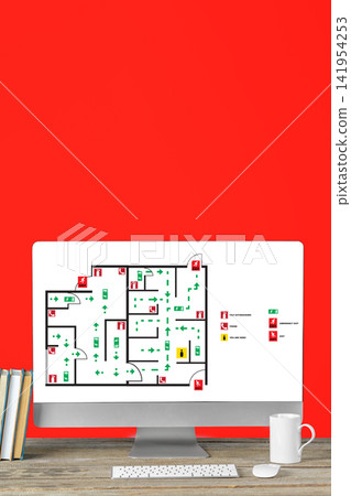 Emergency evacuation plan displayed on computer screen with a red background Emergency evacuation plan displayed on computer screen with a red background 141954253
