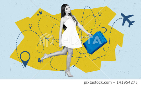 Woman holding suitcase in an airport setting while preparing for travel adventures Woman holding suitcase in an airport setting while preparing for travel adventures 141954273