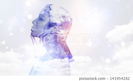 Astrology and zodiac signs with a woman's profile and celestial elements in a cloudy sky Astrology and zodiac signs with a woman's profile and celestial elements in a cloudy sky 141954282