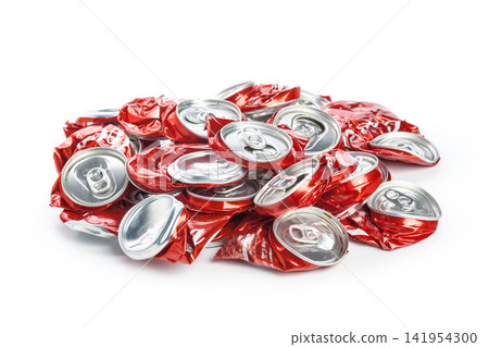 Pile of crushed red aluminum cans for recycling on white background Pile of crushed red aluminum cans for recycling on white background 141954300