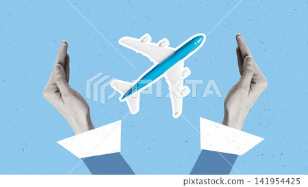Travelers prepare for trips while watching planes in the sky above them on a clear day Travelers prepare for trips while watching planes in the sky above them on a clear day 141954425