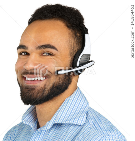 Handsome African American man wears headset smiling Handsome African American man wears headset smiling 141954453