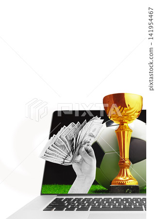 Sports betting in a virtual setting with money and a trophy on a laptop screen Sports betting in a virtual setting with money and a trophy on a laptop screen 141954467