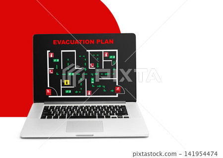 Evacuation plan displayed on a laptop to guide people during an emergency situation in a building Evacuation plan displayed on a laptop to guide people during an emergency situation in a building 141954474