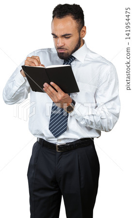 Businessman writes notes while standing in a formal setting during daytime Businessman writes notes while standing in a formal setting during daytime 141954475