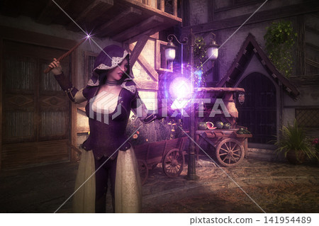 3D Fantasy Sorceress Casting Magic Spell in Town 3D Fantasy Sorceress Casting Magic Spell in Town 141954489