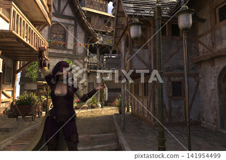 3D Medieval Fantasy Woman With Wand in Village 141954499