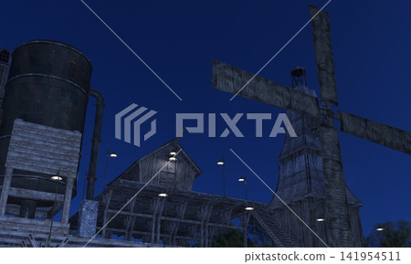 3D Windmill and Industrial Buildings at Night 3D Windmill and Industrial Buildings at Night 141954511