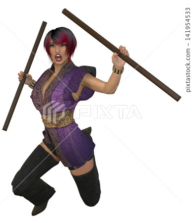 Female Fighter Purple Costume Holding Fighting Sticks 141954533