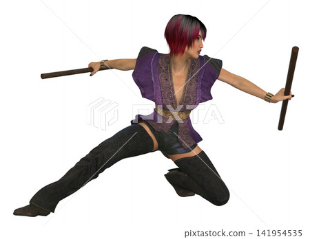 Female Fighter Purple Costume Holding Fighting Sticks Female Fighter Purple Costume Holding Fighting Sticks 141954535