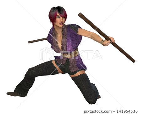 Female Fighter Purple Costume Holding Fighting Sticks Female Fighter Purple Costume Holding Fighting Sticks 141954536