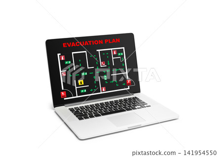 Emergency 911 evacuation plan displayed on a laptop showing room layout and exit routes for safe evacuation Emergency 911 evacuation plan displayed on a laptop showing room layout and exit routes for safe evacuation 141954550