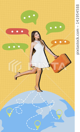Traveling with a suitcase while chatting in a bright and colorful setting Traveling with a suitcase while chatting in a bright and colorful setting 141954588