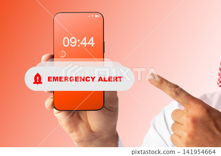 Emergency alert shows time and notification on smartphone screen in a modern setting Emergency alert shows time and notification on smartphone screen in a modern setting 141954664
