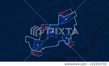 Territory shapes with pinpoint markers for law enforcement. Central District Police Tracking Map with Patrol Zones Territory shapes with pinpoint markers for law enforcement. Central District Police Tracking Map with Patrol Zones 141954739