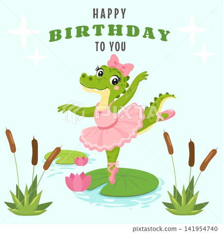 A cute female crocodile ballerina and the greeting Happy Birthday a vector illustration of a funny cartoon female alligator dancing ballet in a pink tutu and pointe shoes. A cute female crocodile ballerina and the greeting Happy Birthday a vector illustration of a funny cartoon female alligator dancing ballet in a pink tutu and pointe shoes. 141954740