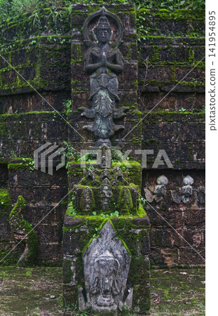 Faith shrouded in green lush grass and moss of Buddhist pagoda at Wat Tham Pla in Northern Thailand 141954895