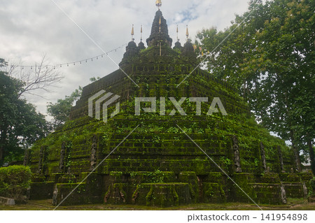 Faith shrouded in green lush grass and moss of Buddhist pagoda at Wat Tham Pla in Northern Thailand Faith shrouded in green lush grass and moss of Buddhist pagoda at Wat Tham Pla in Northern Thailand 141954898