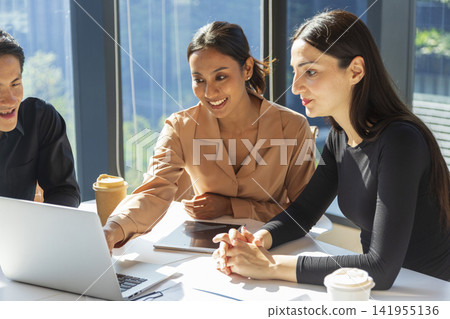 Caucasian businesswoman pointing to laptop screen while talking to her Asian coworker in office of a multinational company. Discussing work. Caucasian businesswoman pointing to laptop screen while talking to her Asian coworker in office of a multinational company. Discussing work. 141955136