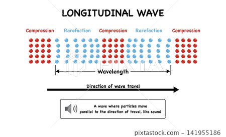Educational school physics infographic diagram illustrates longitudinal wave properties including particle compression and rarefaction zones to demonstrate sound propagation dynamics Educational school physics infographic diagram illustrates longitudinal wave properties including particle compression and rarefaction zones to demonstrate sound propagation dynamics 141955186