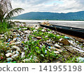 Massive plastic garbage and water hyacinth weed accumulate along the natural riverbank near wooden boat, highlighting severe environmental pollution crisis 141955198