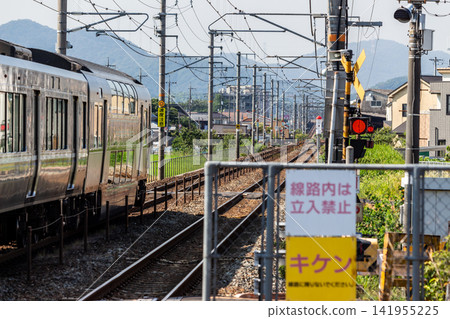 A railway track, a passing train, and a "No Entry" sign (image representing safety measures, traffic, and public perception). A railway track, a passing train, and a "No Entry" sign (image representing safety measures, traffic, and public perception). 141955225