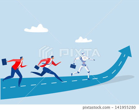 Career path development ,Business professional in a dark suit competing in a fast-paced sprint race against a futuristic humanoid robot concept Career path development ,Business professional in a dark suit competing in a fast-paced sprint race against a futuristic humanoid robot concept 141955280