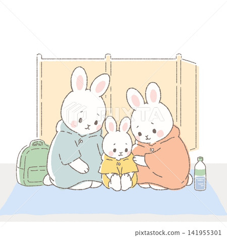 一群兔子在避難所度過時光:一幅描繪災難期間避難所生活和災難準備的插圖(正方形格式) 一群兔子在避難所度過時光:一幅描繪災難期間避難所生活和災難準備的插圖(正方形格式) 141955301